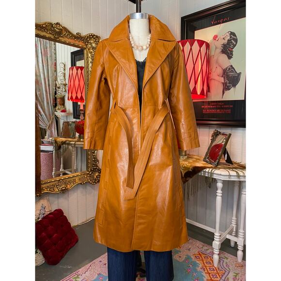 vintage 1970s leather trench coat 70s tie waist mod basketweave butterfly collar - Picture 2 of 12